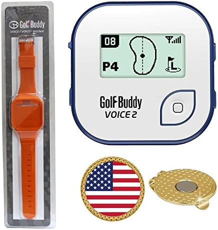 GolfBuddy Voice 2 Golf GPS/Rangefinder (40k+ Preloaded Worldwide Courses) Bundle with Wrist Band and Magnetic Hat Clip Ball Marker (USA Flag)