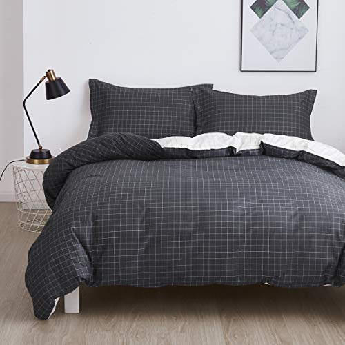 OAITE Duvet Cover Set, 100% Cotton Duvet Cover, Ultra Soft and Easy Care, Bedding Queen Size Set, 3-Piece Duvet Cover Set Includes 2 Pillow Shams (Black-White, Queen)