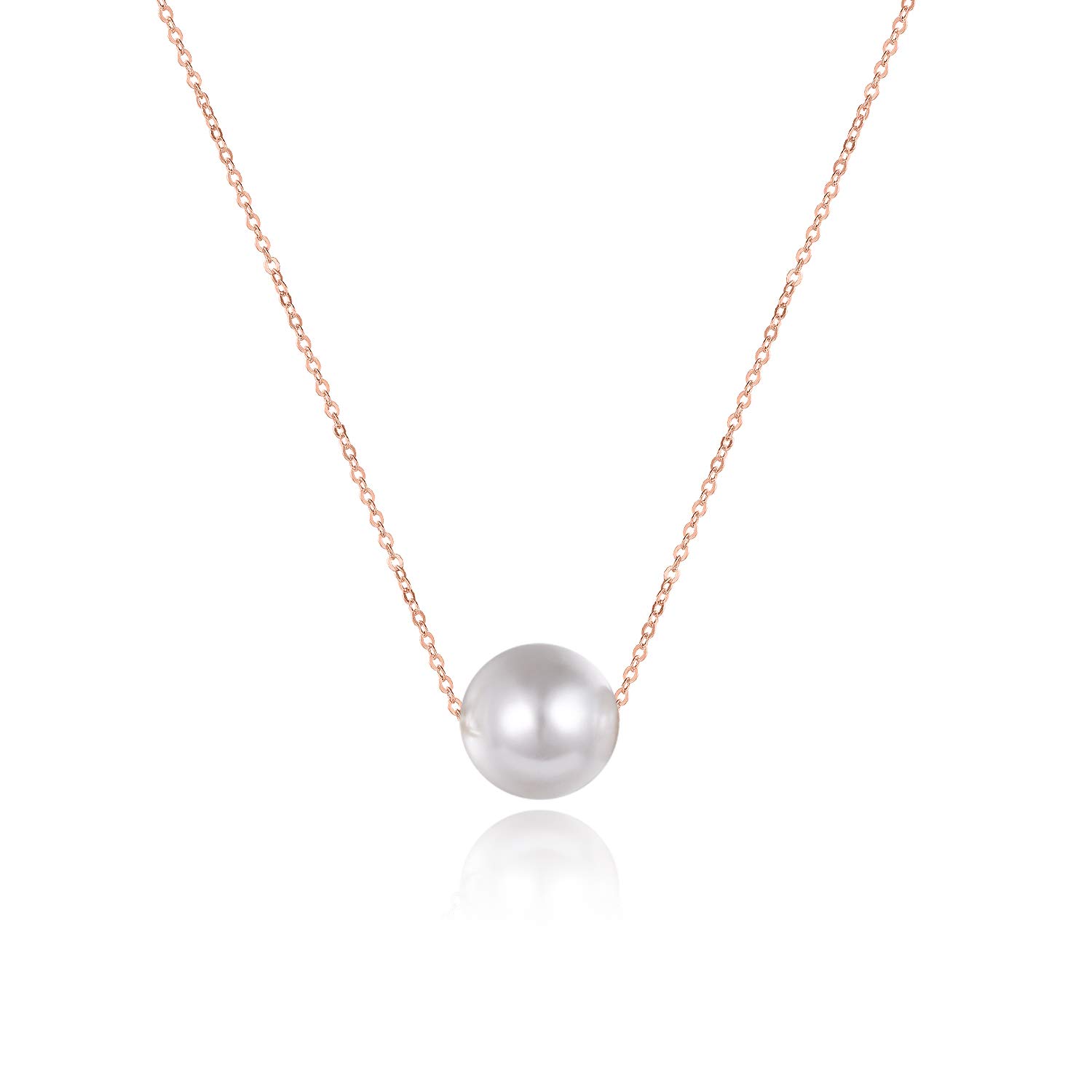 Sterling Silver Single Pearl Choker Necklace for Women Pearl 7-8mm Chain 16" (rose gold plated necklace)