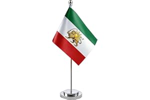 Iran Old Table Flag,5'' x 8''Former Iranian Lion and Sun Desk Flags,Mini Desk Flag with Pole and Plastic Base,for OfficeDesk,