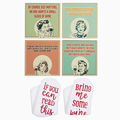 Absorbent Stone Wine Coasters with Holder + Funny Socks, Ceramic Coasters Gifts for Wine Lovers, Wine Gift Sets for Women, Mom, Christmas Gift Baskets - Thumbnail 7