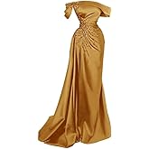 dufetin Women Mermaid Beads Prom Dress with Slit Satin Bridesmaid Dresses Long Off The Shoulder Evening Formal Party Gown