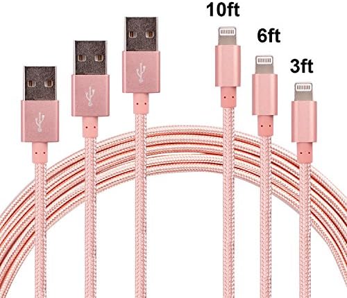 iPhone Lightning Cable, SENTLY Nylon Braided iPhone Lighting to USB Cable Tangle Free Durable 8 Pin Charging Cord and Sync Cable for iPhone 7/6/6s/5/5s/5c, iPad mini, Rose Gold - 3 Pack (3ft 6ft 10ft)