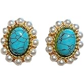 Vintage Oval Blue Turquoise Stud Earrings for Women Pearl Round Studs Earrings Geometry Bohemian Statement Earrings Fashion Ear Jewelry