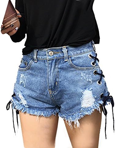 Fashionflag Women High Waist Lace Up Demin Pants Ripped Hot Shorts Blue (small)
