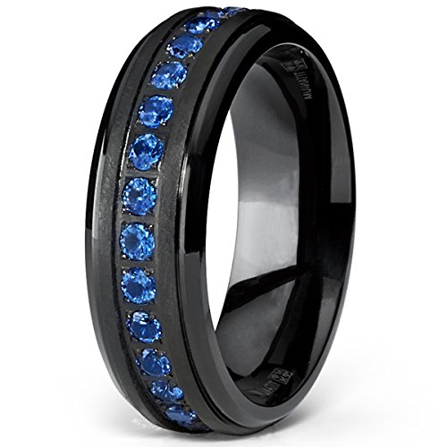 Black Titanium Men's Eternity Ring Band with Deep Blue Cubic Zirconia CZ, Size 10