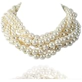 Kalse Simulated Pearl White Beads Cluster Statement Chunky Bib Short Choker Necklace 16 17 18 inch