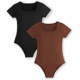 EXARUS Girls 2 Pack Bodysuit Leotards Casual Short Sleeve Scoop Neck Tee T Shirt Kids Solid Tops 8-14Y
