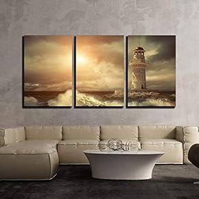 3 Piece Canvas Wall Art - Lighthouse on The Sea Under Sky. - Modern Home Art Stretched and Framed Ready to Hang - 16"x24"x3 Panels
