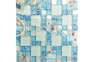 Hominter Glossy Glass Tile with Ice Crack Effect Resin Shell Beach Style Iridescent Blue Versailles Pattern Elegant Mosaic Kitchen Backsplash Bathroom Shower Wall Tiles (11 Square Feet)