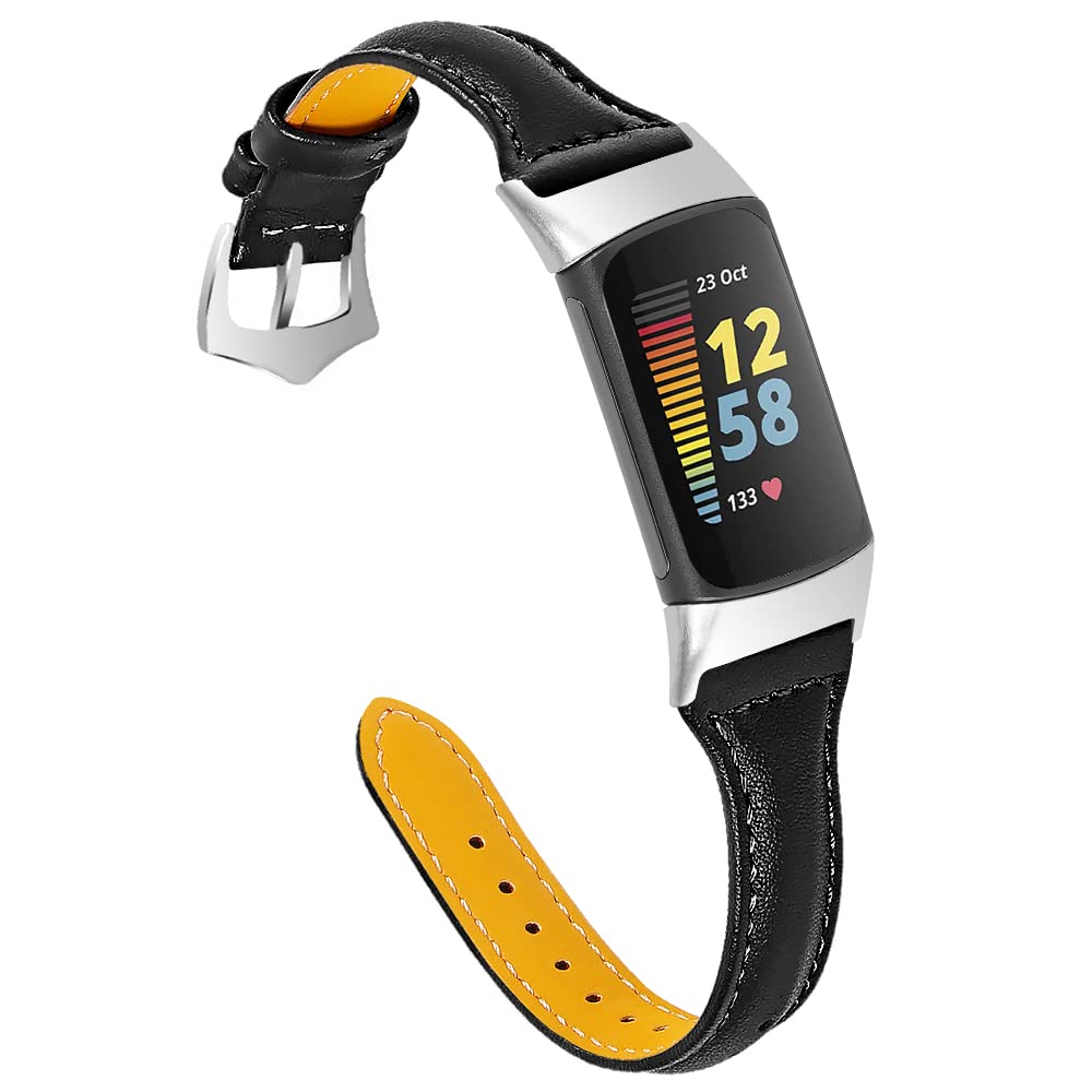 Gimuk Leather Strap Compatible With Fitbit Charge 5, Genuine Leather Sport Band Replacement for Women Men, Wristband Bracelet for Fitness Tracker (Black), Small/Large