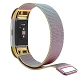 oenbopo Fitbit Charge 2 Band Metal, Milanese Loop Stainless Steel Adjustable Bracelet Strap Replacement Wristbands for Fitbit Charge 2 with Unique Magnet Lock No Buckle Needed (Colorful, 5.5''-8.5'')