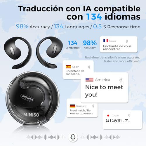 MINISO X15PRO AI Auriculares Traductores, Traductor Instantaneo de Voz 3 en 1 en Tiempo Real en 134 Idiomas con App, Compatible con iOS y Android, Negro