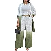 CHICME Women's 2 Piece Outfits Ombre Print Long Sleeve Blouse Casual High Waist Wide Leg Pants Set Without Belt