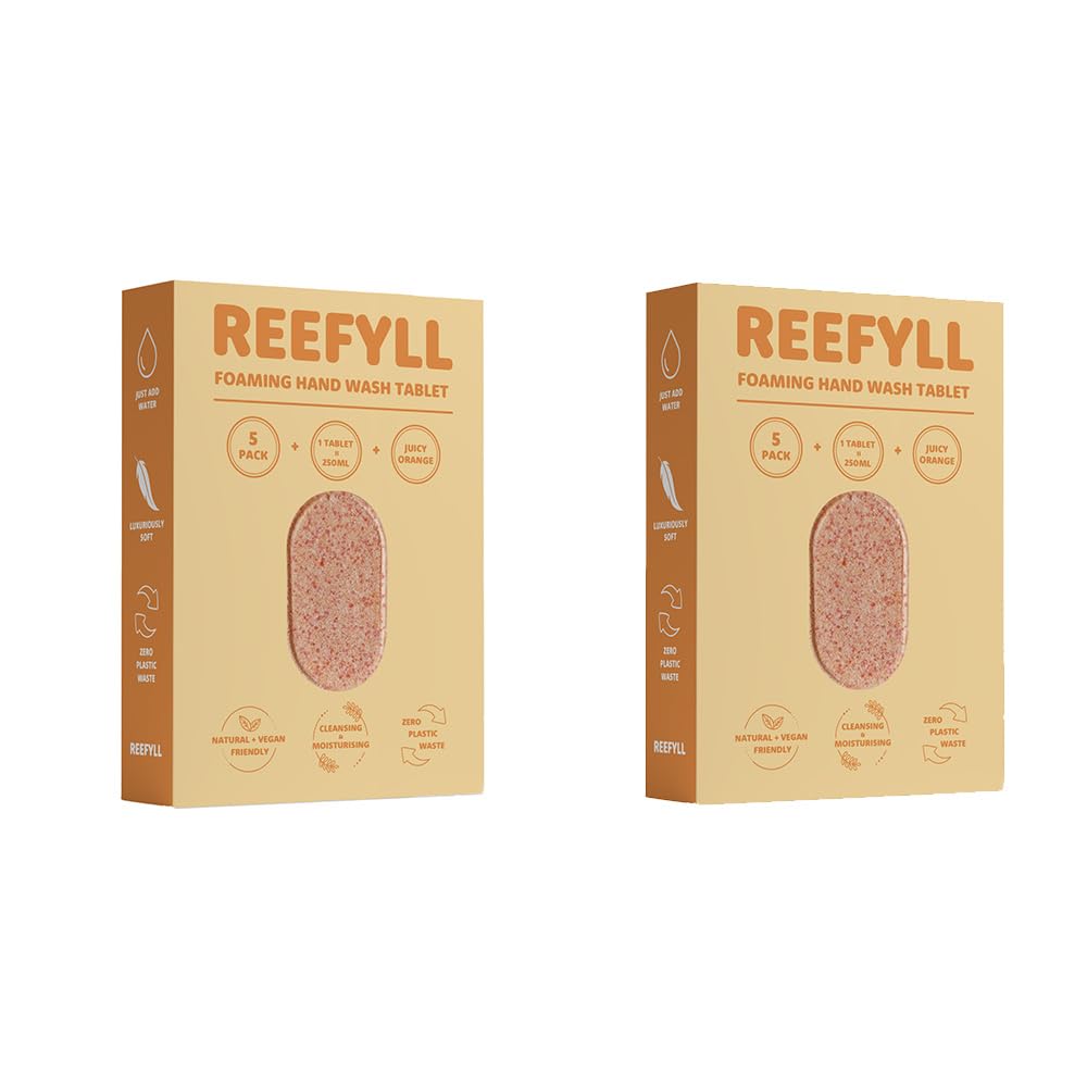 Reefyll Foaming Hand Soap 5 Refill Tablets for Foaming Dispenser only, Dissolvable Plastic Free Hand Wash Pods, Just Add Water to Transform to Velvety Foam, Juicy Orange Scent Duo Pack