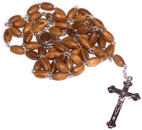 Unisex JERUSALEM SOIL Precious Brown Wooden Olive Wood Rosary Beads Cross Necklace \ Chain Crucifix Jesus Holy Trendy Special Wall Church First Communion Present Gift Birthday Christian Catholic