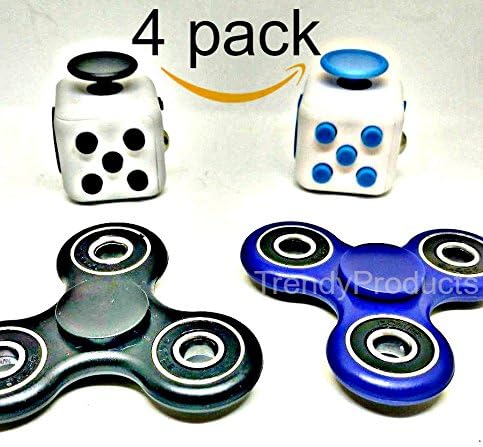 Fidget Spinners + Fidget Cubes 4 PCS Combo 4 Total Black Blue White Gray EDC Desk Focus Toy Desk Fidget Cube Spinner Fun Autism ADD/ADHD School Work Desk