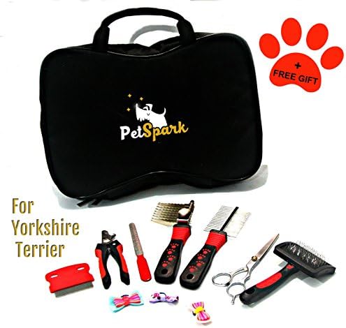 PetSpark Home Grooming Kit for Yorkshire Terrier, Special Design Set Contains All The Tools You Need to Groom Your Yorkie. Stainless Steel, Small Size, Easy to use and Carry w/ 3 Hair Bows Included