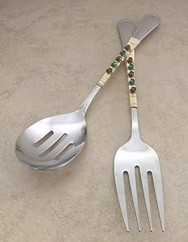 12 Inch Turquoise Brown Crystal Wrapped Slotted Serving Spoon Fork Set