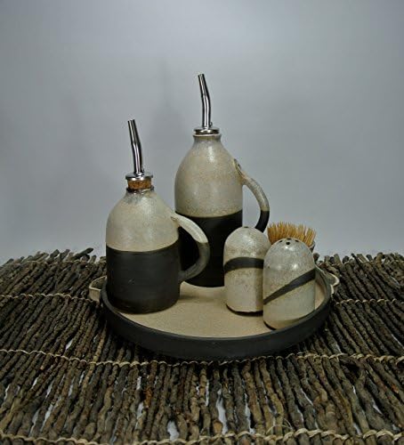 Table ceramic set, condiment set, olive oil dispenser, salt &amp; pepper shaker, ceramic plate, toothpick holder, Cream ceramic set, OOAK gift.
