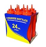 New Star Foodservice 26405 Squeeze Bottles, Plastic, Wide Mouth, 24 oz, Red, Pack of 6