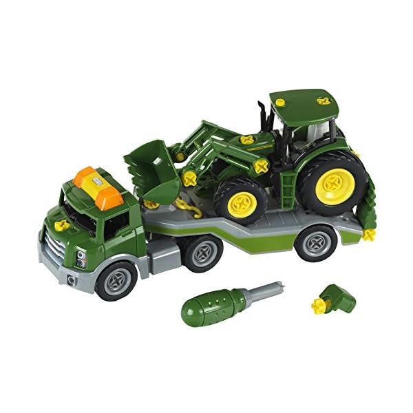 Theo Klein 3908 Transporter mit John Deere Traktor I Schraubset inkl. Schraubendreher I Maße: 36 cm x 10,50 cm x 17 cm I Spielzeug für Kinder ab 3 Jahren