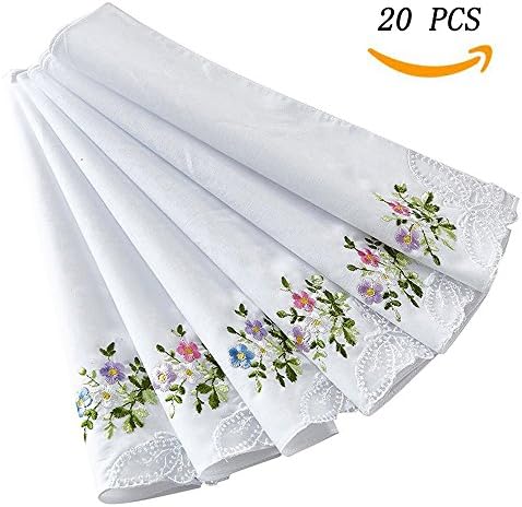 WINDLY Womens White Soft Cotton Handkerchiefs with Embroidered Flowers Bulk - White (20pcs)