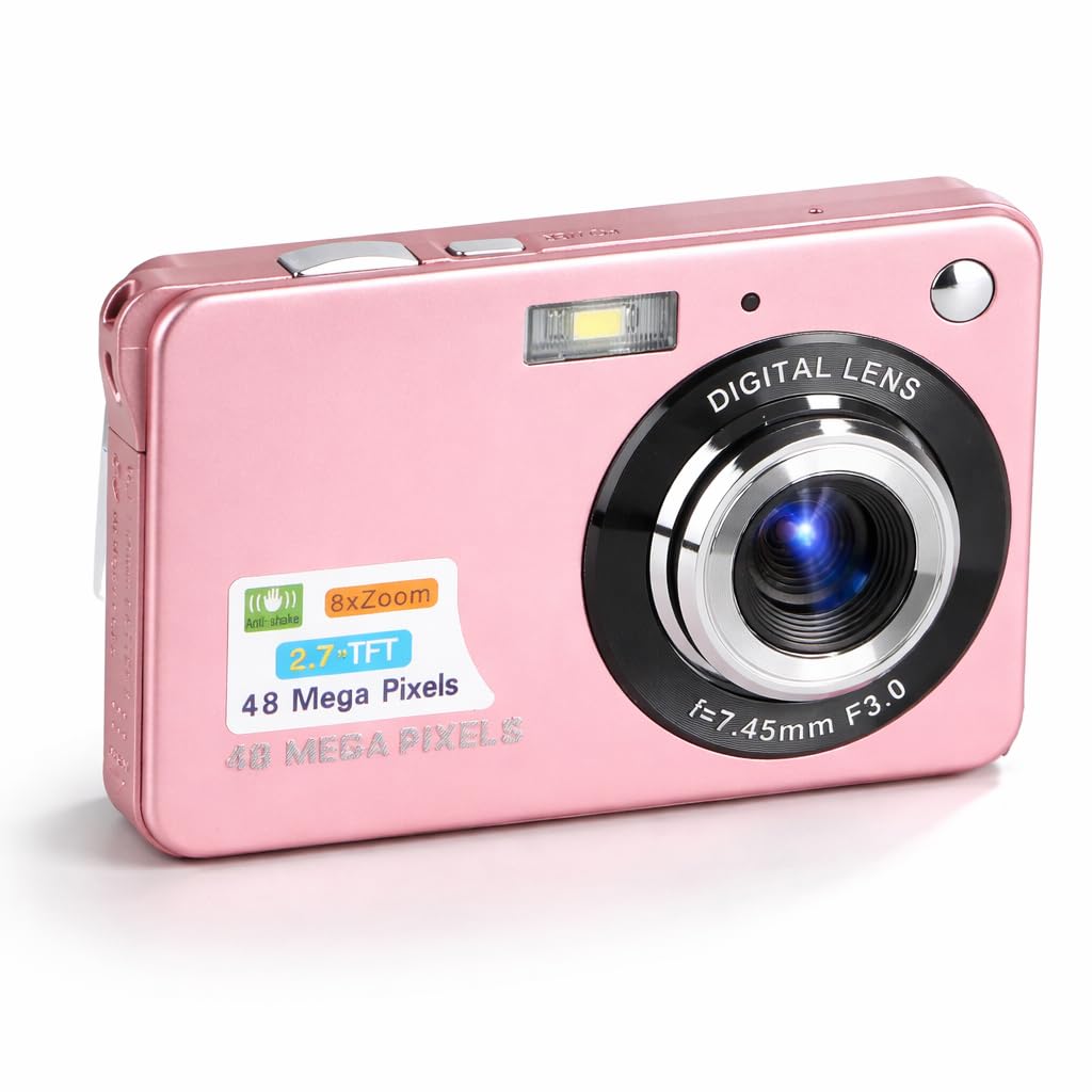 4K 48MP Vlogging Camera - Compact Digital Camera with 2.7in LCD Display & 8X Anti-Shake for Adults, Seniors, Students, Kids & Beginners (Pink)