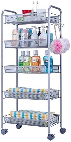 JS HOME 5-Tier Storage Cart Mesh Kitchen Rolling Cart - Silvery Grey