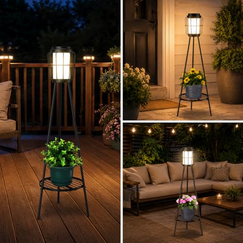 VISFLAIR 2 Pack Solar Lights with Plant Stand, Outdoor Floor Lamps, Waterproof Solar Powered Floor Lamps for Patio Deck Porch Yard Garden Decor