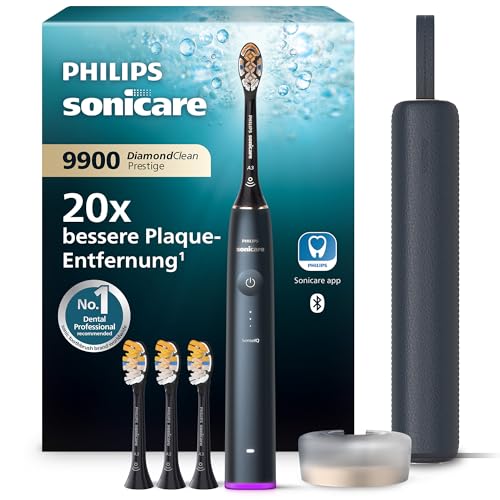 Philips Sonicare DiamondClean 9900 Prestige elektrische Zahnbürste, mit SenseIQ Technologie und App, 5 Putzmodi, 3 Intensitätsstufen, Ladeetui, dunkelblau, Modell HX9992/45
