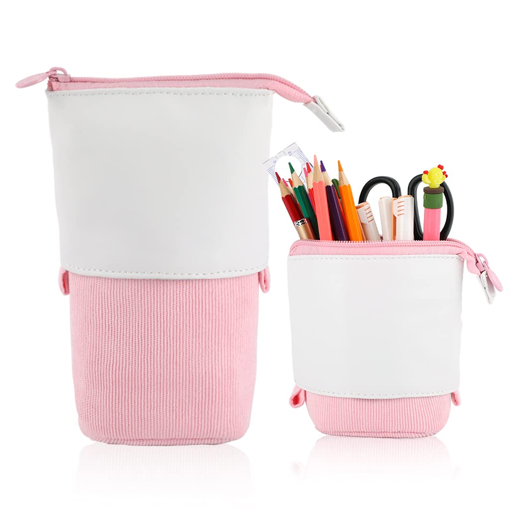 iSuperb Telescopic Pencil Case Stand up Pencil Holder Large Capacity Slider Pencil Pouch Pop up Pen Bag Aesthetic Corduroy Stationery Paint Pen Storage Case for Student Adult (Pink)