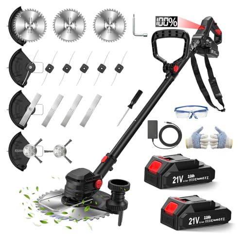 SMILOVII 21V Cordless Weed Wacker Lawn Edger, 4.6lbs Lightweight Battery Powered String Trimmer, 4-in-1 Brush Cutter with Metal Blades, Wire Brush & Guide Wheel for Garden Edging (2 Batteries, 2.0Ah)