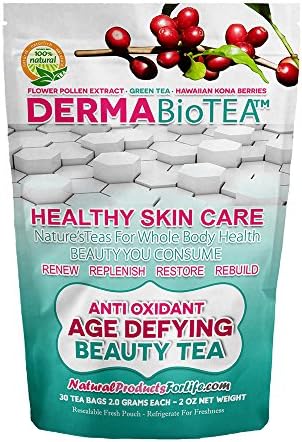 DermaBio Clear Skin Tea – 30 count value pouch 60 days of benefits. Natural Green Tea Infused with Wild Konaberry and Flower Pollen Extract. A Super Antioxidant Formula for Skin Rejuvenation.