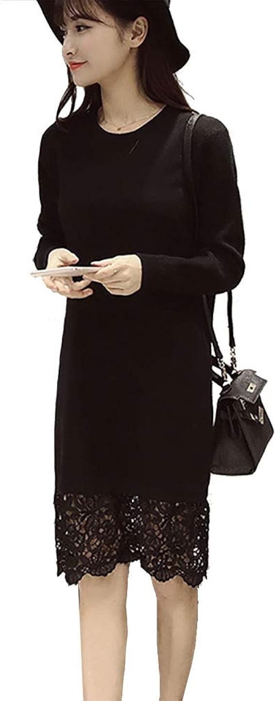 Amazon Co Jp 安心膝丈 レース 切り替え ニット ワンピース 黒 ブラック M L 膝丈 長袖 冬 お洒落 ニットワンピース 上品 無地 かわいい 着やせ ゆったり レディース 服 ファッション小物