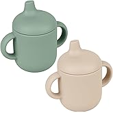 Nothomme Silicone Sippy Cups for 6-12 Months Toddlers - Pack of 2 Food Grade Silicone Training Cups with Straws and Lids Grip Handle for Baby Led Weaning, 6 oz (Sage/Sand)