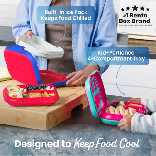 Bentgo Chill Kids Leak-Proof Lunch Box - 4-Compartment Bento Box with Built-In Ice Pack, 3.3 Cup Capacity, PFAS & BPA-Free, Microwave & Dishwasher Safe, Ideal Size for Ages 3 to 7 (Red/Royal)