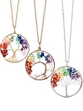 3 Pieces Life Tree Pendant Necklace Handmade Crystal Necklace Jewelry with 50 cm/ 19.7 Inch Long Chain, Gold, Bronze and Silver