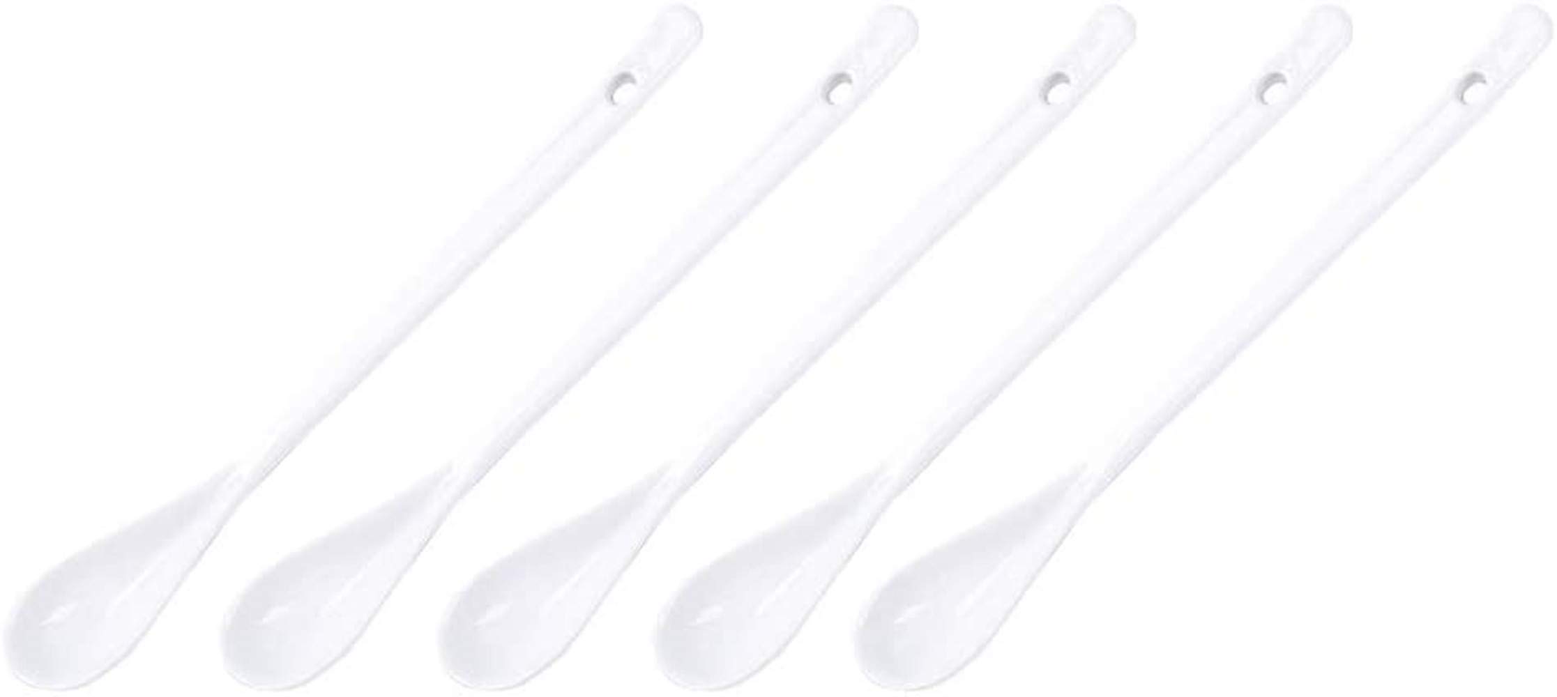 ProLeo 5 White Ceramic Coffee Spoons (16.7 x 2.5 cm) - Set of 5 Long Handle Mixing Spoons