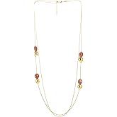 COOLSTEELANDBEYOND Long Layered 18K Gold-Plated Chain Necklace with Red and Beads, Elegant Double Strand Statement Jewelry