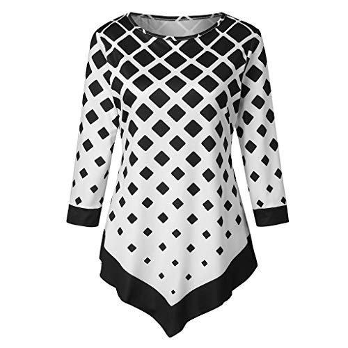 Lutos Plus Size Women O-Neck Diamond Print Bell Sleeve Tunic Asymmetrical Hem Casual Tops Blouse White