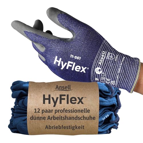 Ansell HyFlex 11-561 Schnittschutz-Handschuhe, Atmungsaktive Nitril-beschichtung, Höchste Weiterreißfestigkeit, Dünne Arbeitshandschuhe Herren Damen, Waschbare, Blau, Größe XL (12 Paar)