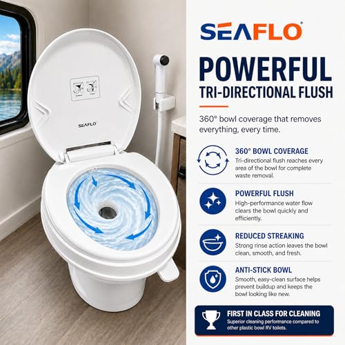 SEAFLO RV Toilet with Sprayer Attachment - White, 18.4” Residential Height, Gravity Flush Foot Pedal Camper Toilet Soft Close Seat Elongated Bowl Motorhome, 4-Year Warranty, SFRTPH-01-02