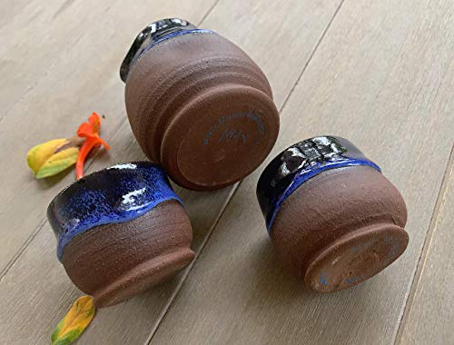 Brown and Blue Sake set, handmade pottery bottle and shot glasses - Thumbnail 4