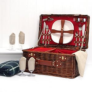 The Redgrave Picnic Basket & Green Picnic Blanket – Luxury Dark Wicker 4 Person Fitted Hamper with Built in Chiller Compartment