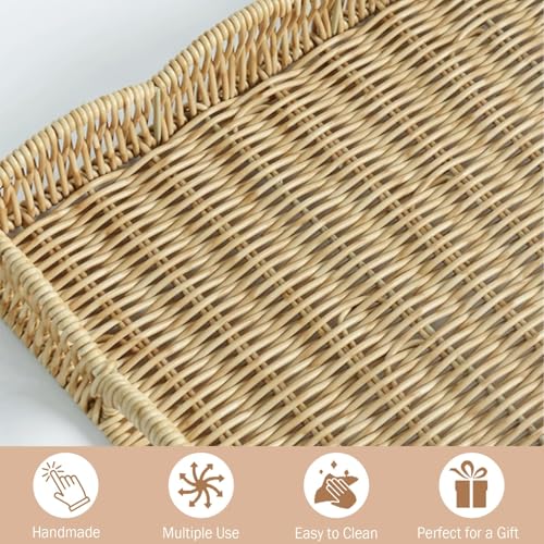 Serving Tray with Scalloped Edge, Rectangular Wicker Tray with Handles, Ideal for Breakfast or Meals in Bed and on Sofa, Decorative Coffee Table Tray to Enhance Dining