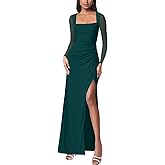 Women Mesh Long Sleeve Square Neck Ruched Sheath Formal Evening Maxi Dress Cocktail Party Wedding Guest Dresses