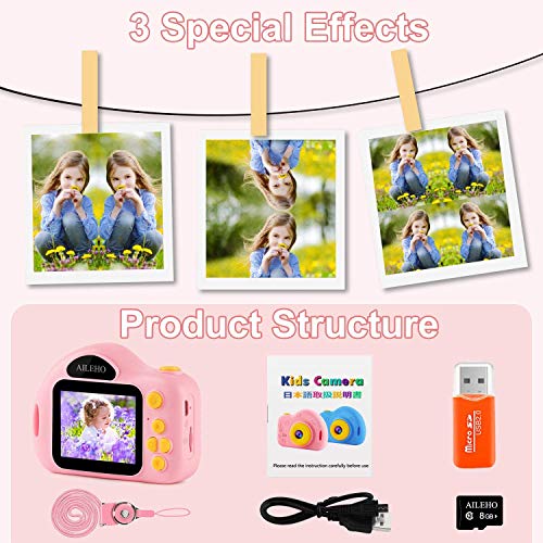 AILEHO Kids Camera for Girls Birthday Holiday Children Digital Video Camera for Kids Age 3 4 5 6 7 8 9 Years Old Toy Gifts Toddler Camera 8M 1080P 8GB Card Mini Toy Camera IPS 2\