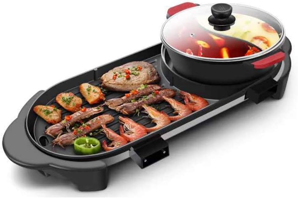 JGWHW Electric Indoor Shabu Shabu Hot Pot with Bbq Grill Interchangeable Stainless Steel Hot Pot Cooker or Frying Pan and a Non Stick Bbq Teppanyaki Grill