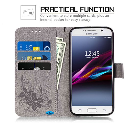 S6 Phone Wallet, Galaxy S6 Case, JanCalm [Wrist Strap] Premium PU Leather [Multi Card/Cash Slots] [Kickstand Feature] Magnetic Flip Folio Cover + Crystal Pen (Butterfly - Grey)